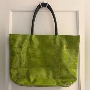 NEIMAN MARCUS Green Faux Alligator Leather Tote Bag